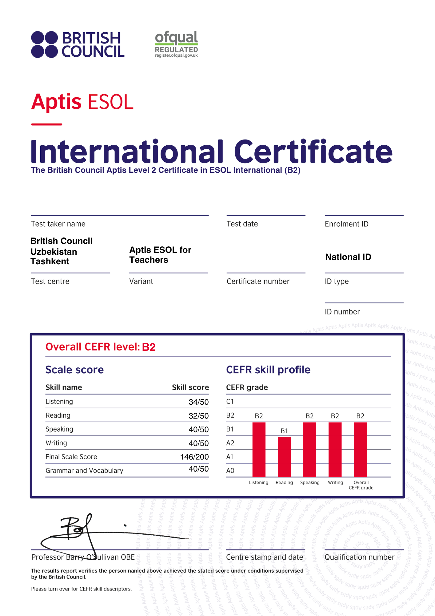 Aptis ESOL Certificate Template